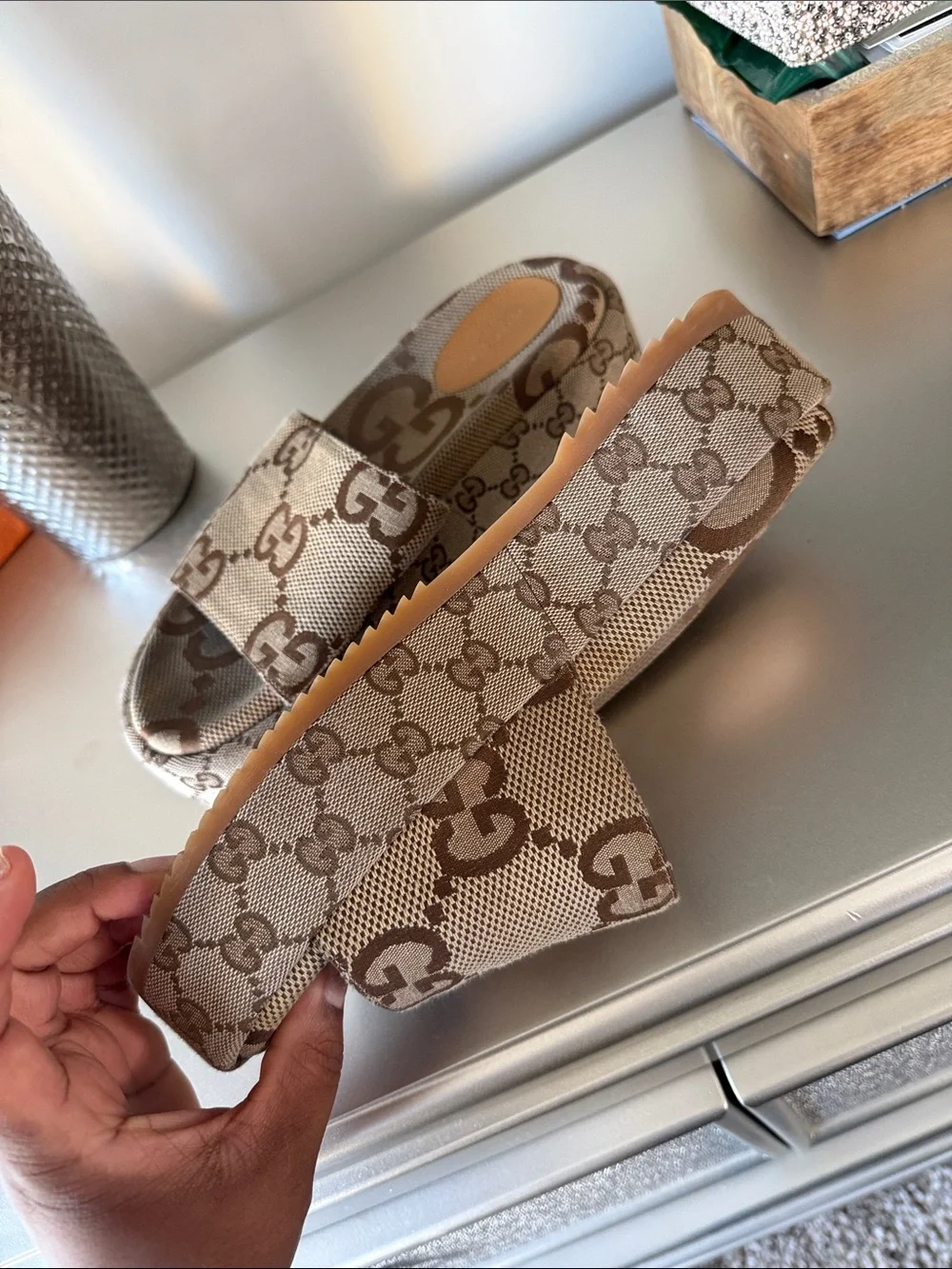 Gucci Brown and Beige GG Canvas Platform Slides